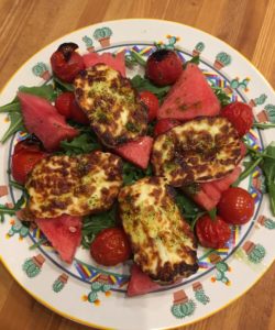 Grilled Halloumi with tomatoes and watermelon