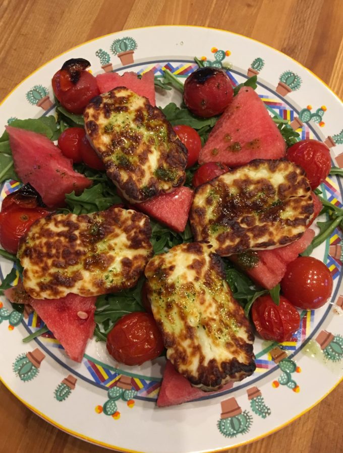 Grilled Halloumi with tomatoes and watermelon