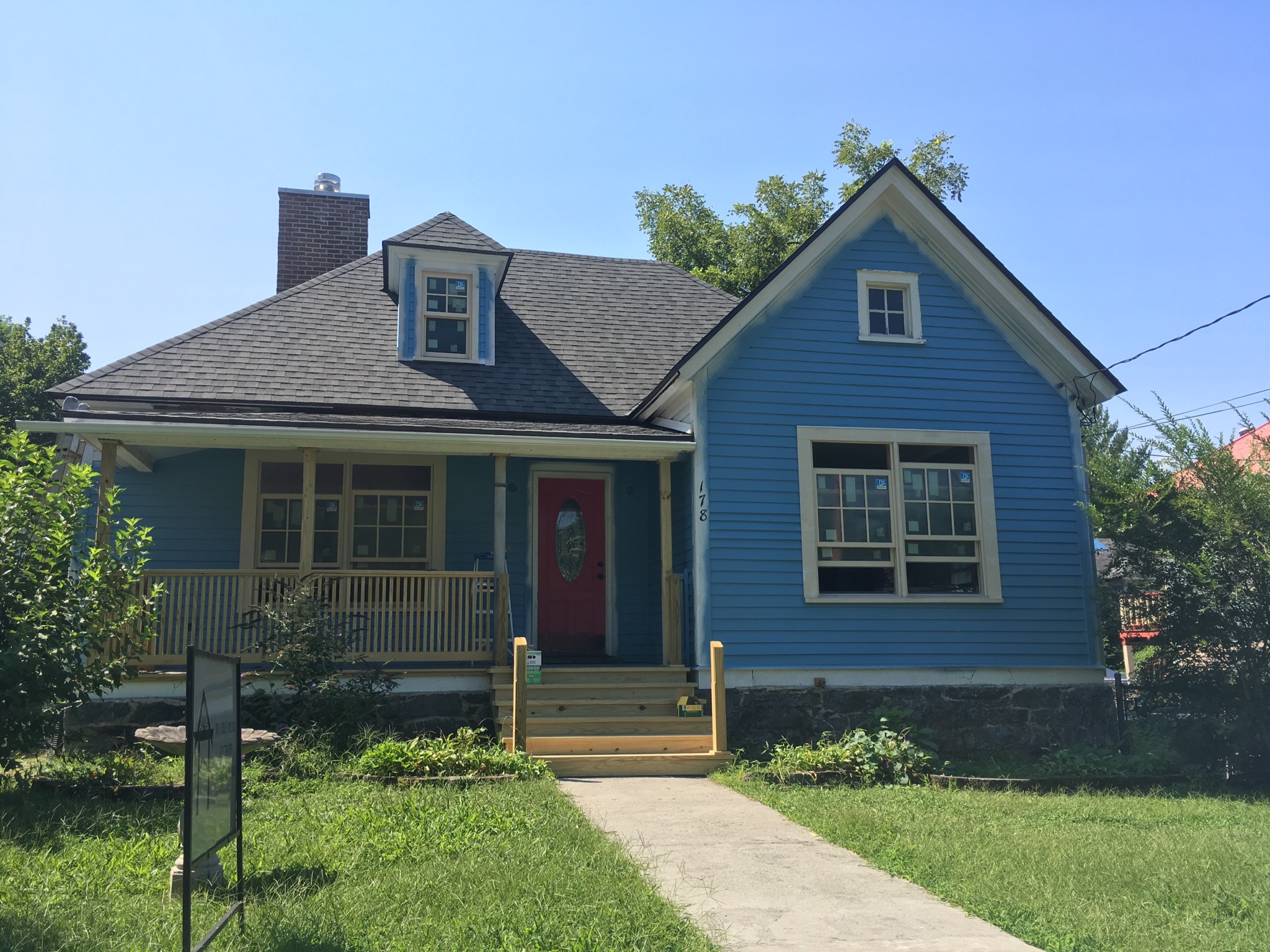 Blue house with white trim