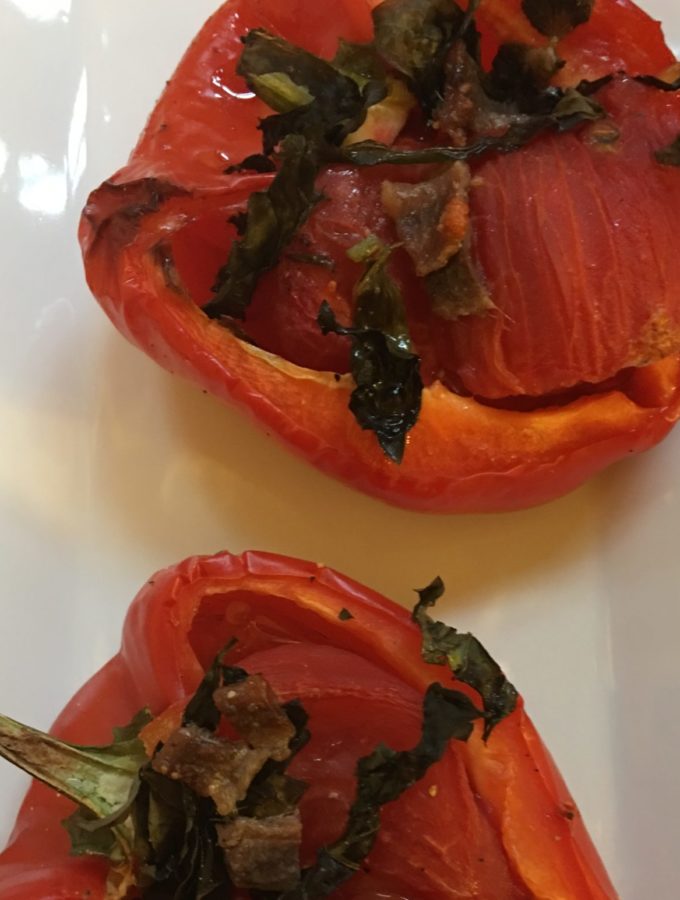 Tomatoes in roasted red peppers with basil and anchovies