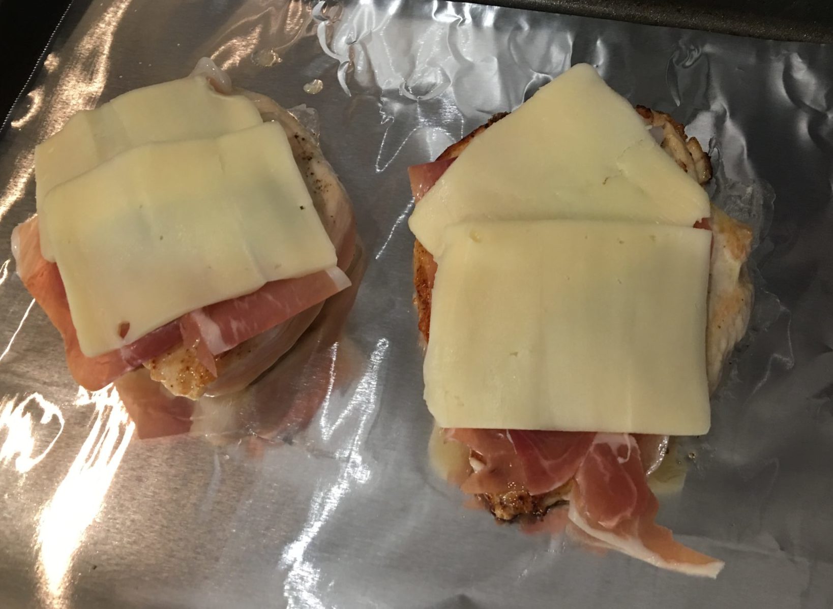 Chicken Saltimbocca ready to be finished in the oven