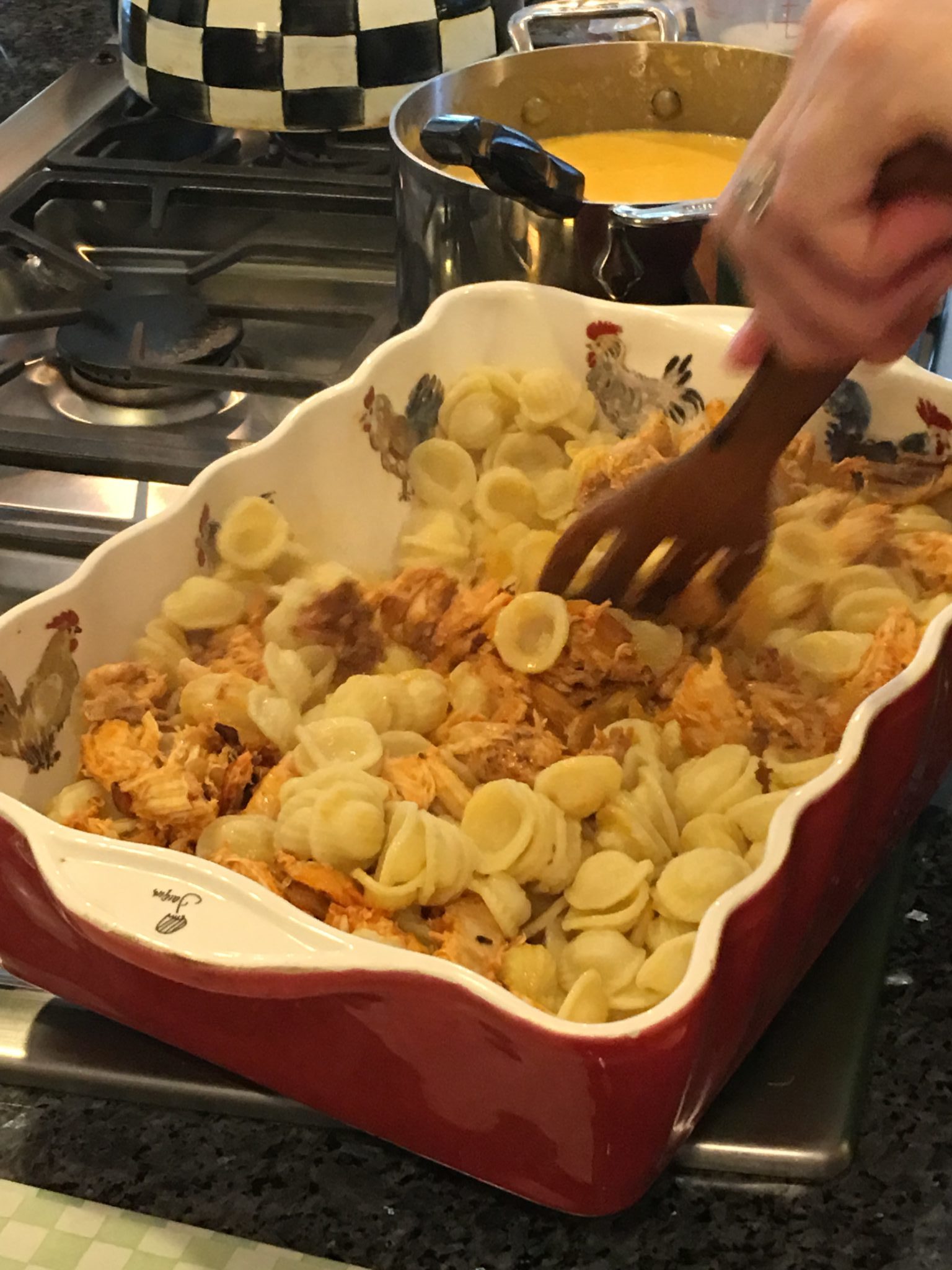 Pasta and chicken in baking dish
