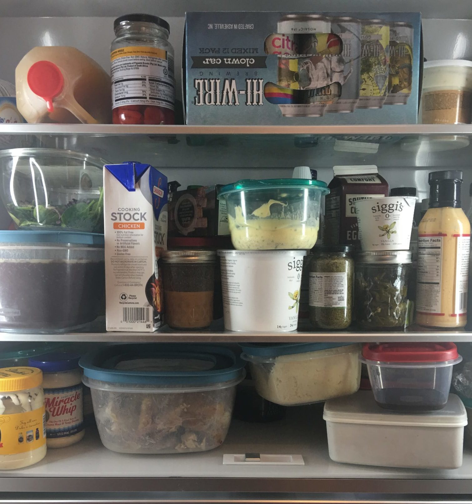 Containers of leftovers in a fridge