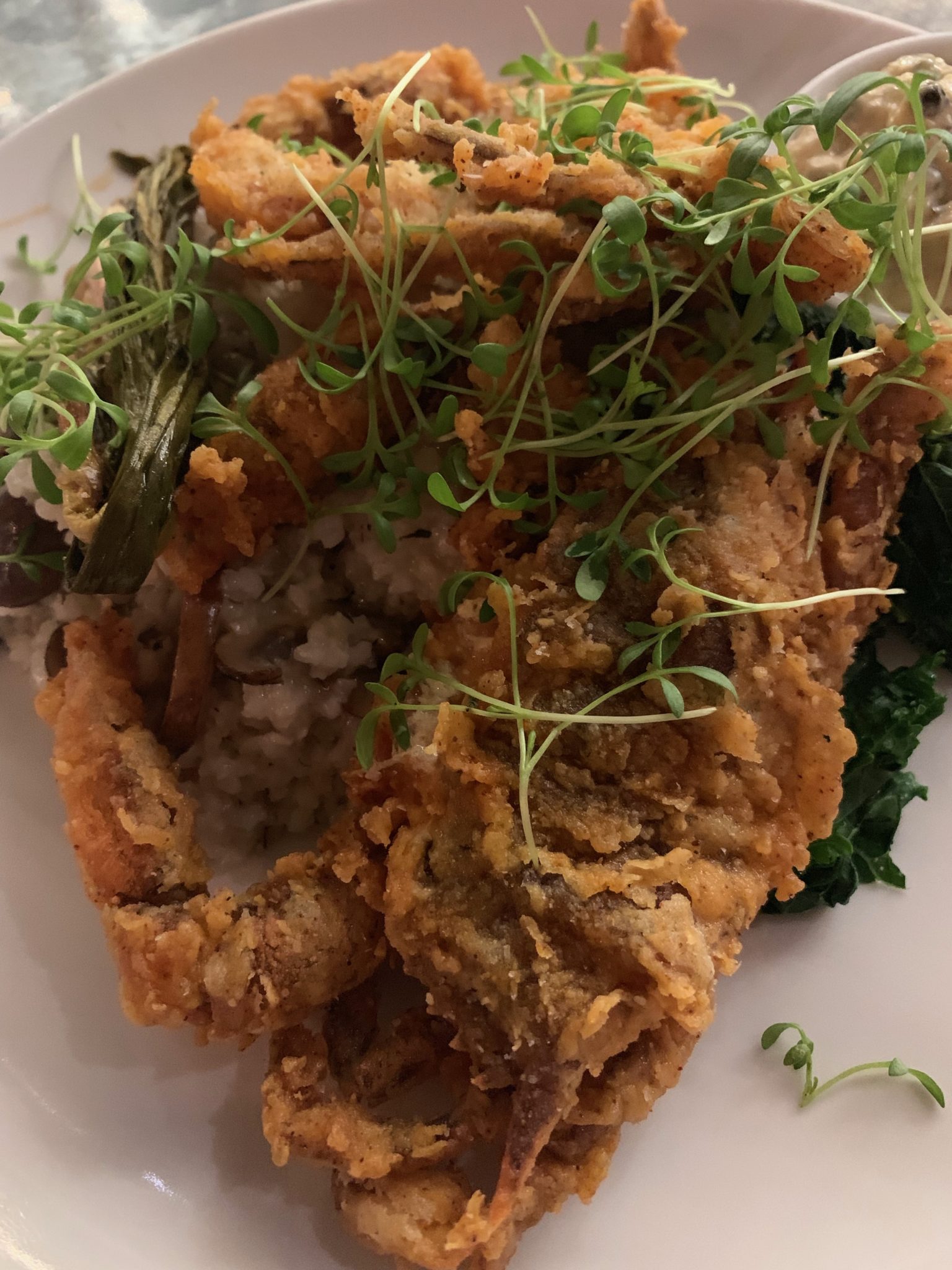 Soft shell crab with ramps and Carolina Gold Rice
