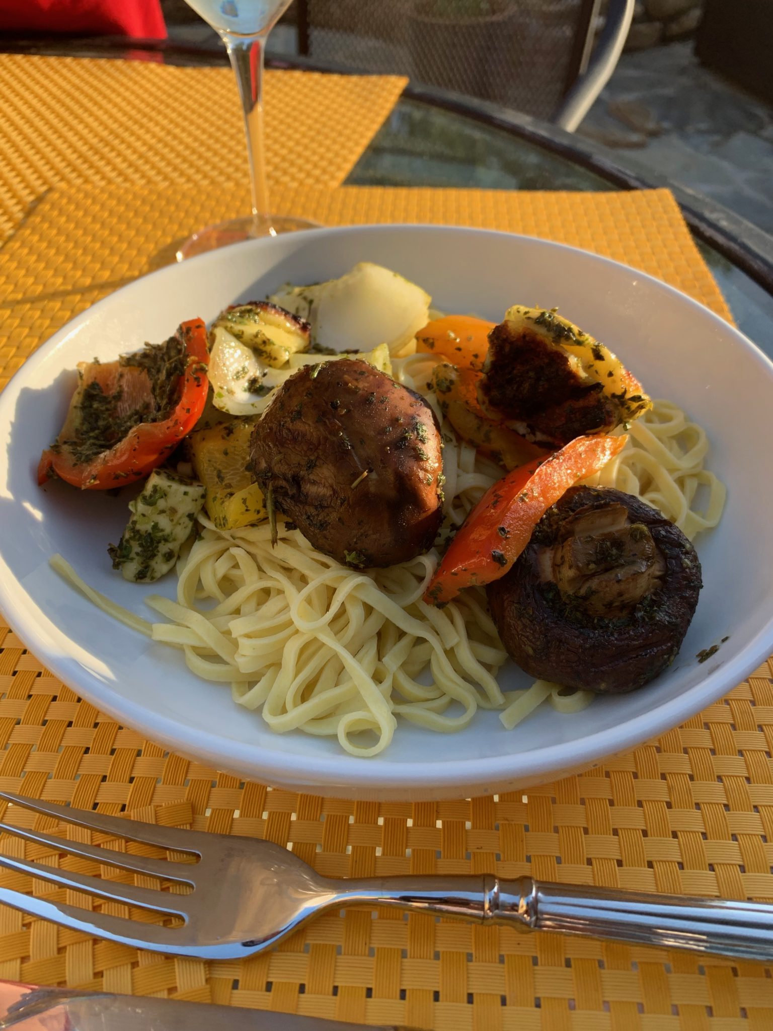 Grilled Halloumi Cheese with vegetables and pasta