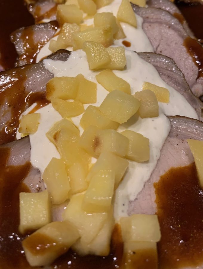 Finshed Pork Loin with Horseradish Creme Fraiche, Sauteed Apples and a Rich Demi-Glace Sauce