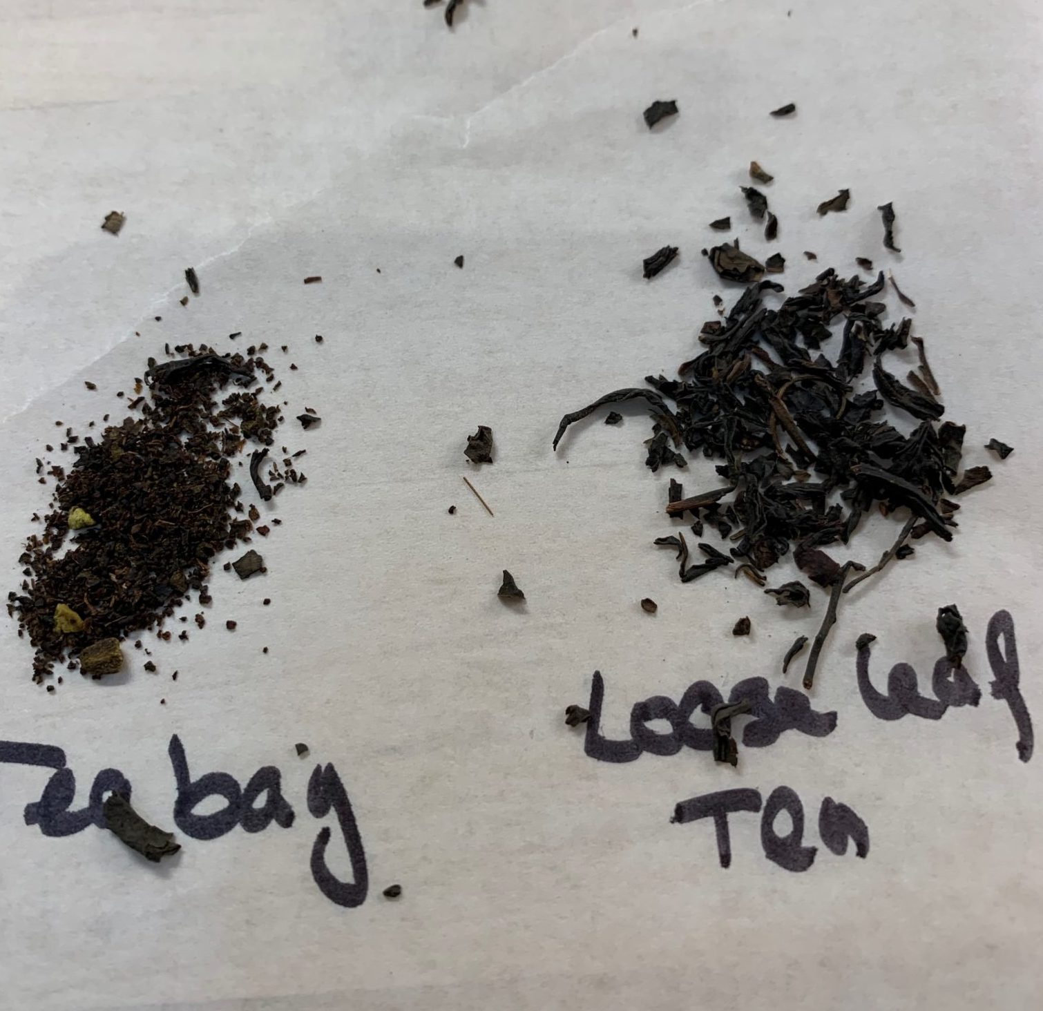 Showing the difference between tea used in a tea bag and loose leaf tea