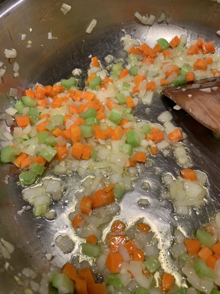 Carrot, celery and onion sauteing