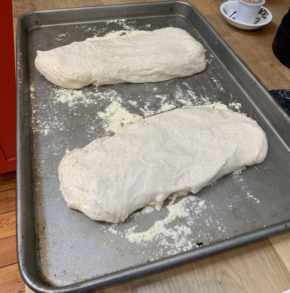 Two loaves of Ciabatta ready to go in the oven