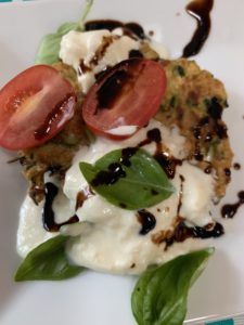 Zucchini Fritters with Burrata, tomatoes and basil