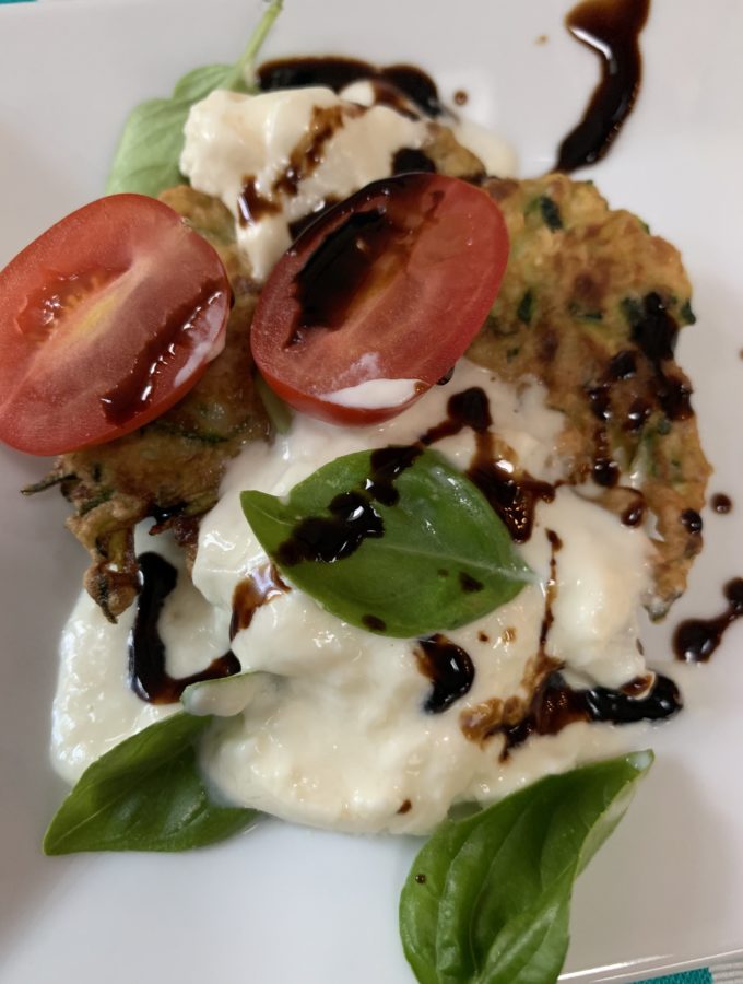 Zucchini Fritters with Burrata, tomatoes and basil