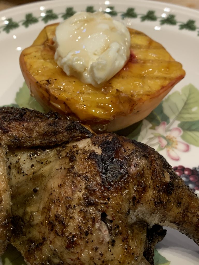 Crispy grilled game hen with grilled peachs, ricotta and honey