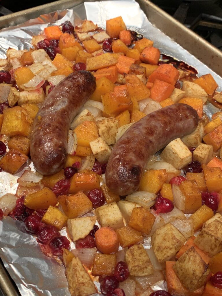 Butternut Squash and Bratwurst sheet pan dinner