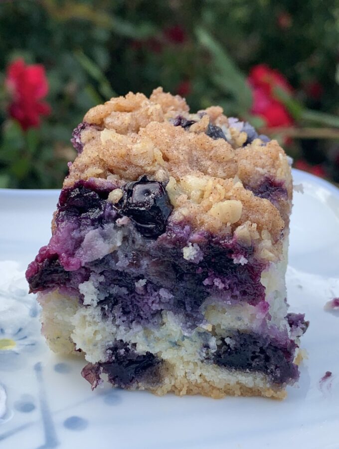 Showing the fruit distrubuted throughout a piece of Blueberry Buckle