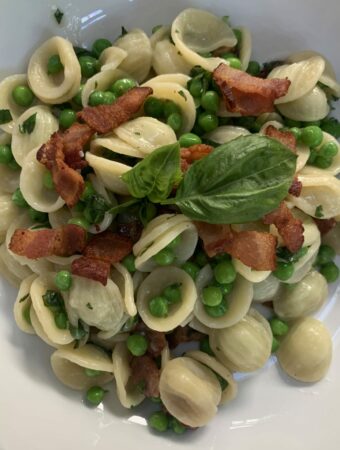 Peas and Pasta with Bacon and Basil
