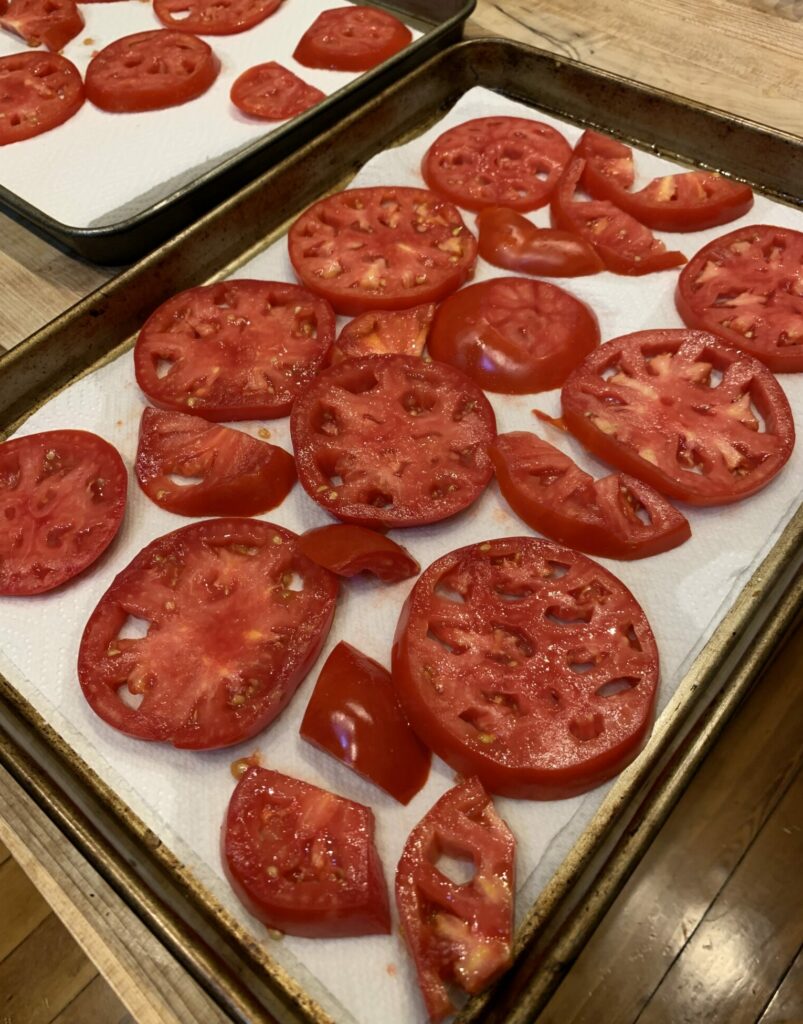 Tomatoes drying on paper towels