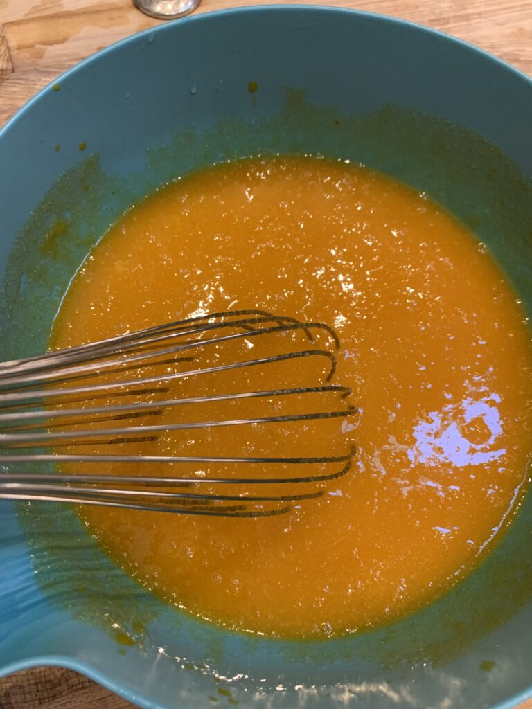 Eggs, pumpkin, sugar and oil whisked together