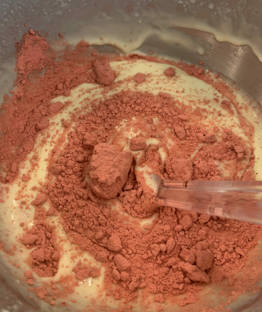 Freeze dried strawberried are made into powder and added tp cake batter