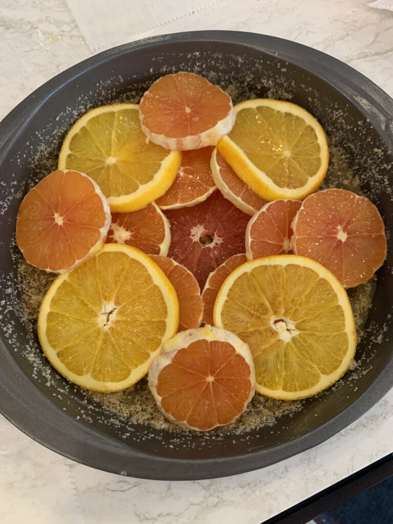 Citrus fruits in a cake pan