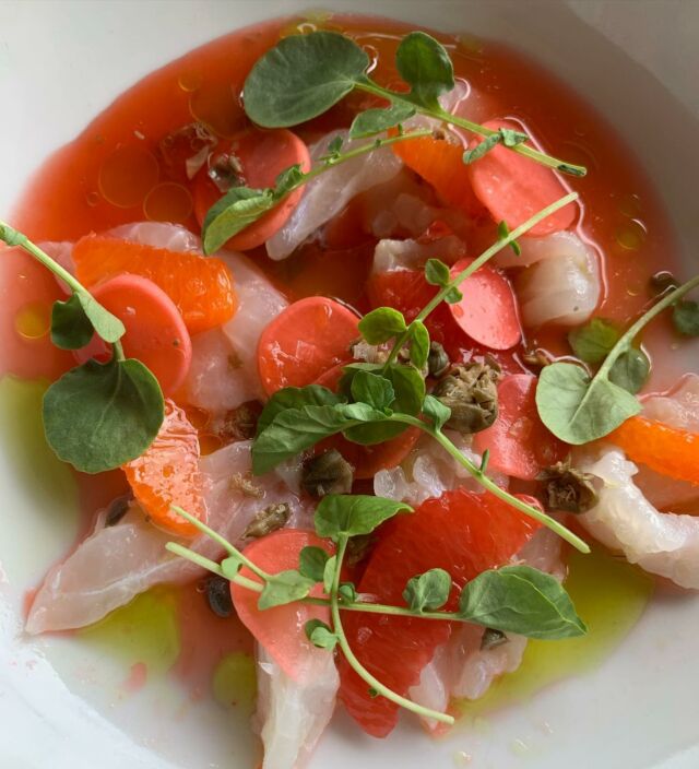 I was so impressed by @osterialucaclt  I was there for lunch yesterday and the tasted even better than it looked!  I wish I had a picture of the fresh peas with burrata, mint and pistachios. It was a great way to start our meal. But I do have a picture of the Sea Bass Crudo. Isn’t it stunning?  #ladieswholunch #italianrestaurants #awomancooks 
.
.
.
.
.
#charlotterestaurants #whatsforlunch #seabasscrudo #charlottefoodie #ashevillefoodieincharlotte #osterialuca