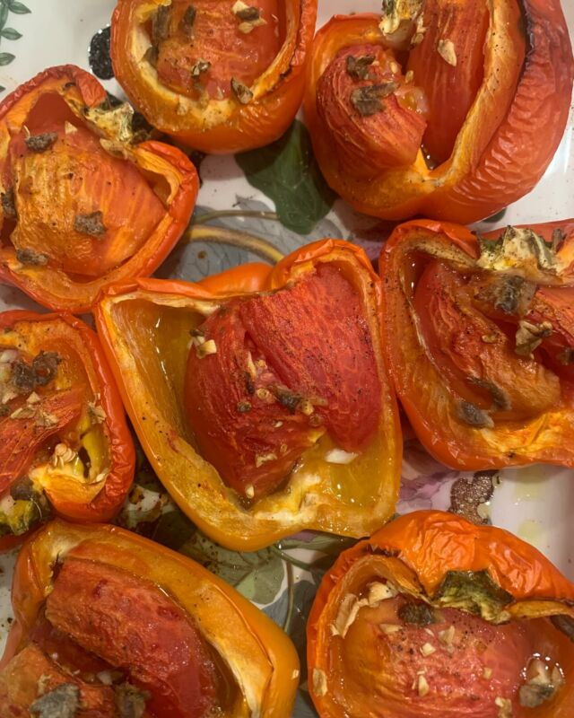 Retro Wednesday!  This recipe for Roasted Piedmont Peppers comes from Delia Smith’s Summer Collection Cookbook, published in 1993. It was my go-to place for fabulous recipes using summer fruit and veg when we lived in England. Many of the recipes have become family staples. I don’t know why this went by the wayside!  Red peppers are stuffed with peeled fresh tomatoes, topped with fresh garlic, and a LITTLE chopped anchovy. Then roasted in the oven until slightly charred around the edges. Serve it warm or room temperature and sop up the juices with bread or rice. Delicious!!! #deliasmith #roastedredpeppers #awomancooks
.
.
.
.
#summercollection #tomatorecipes #umami #frommygarden #freshtomatoesfordays #tomatoesandpeppers #oldrecipes #oldrecipesarethebest #ashevillefoodie