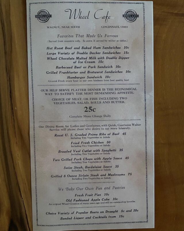 Going through some boxes of old stuff we came across this menu from The Wheel Cafe in Cincinnati 1939. The most expensive item on it is an 8 ounce sirloin steak dinner for 75 cents! #inflationanyone? #oldmenus #awomancooks