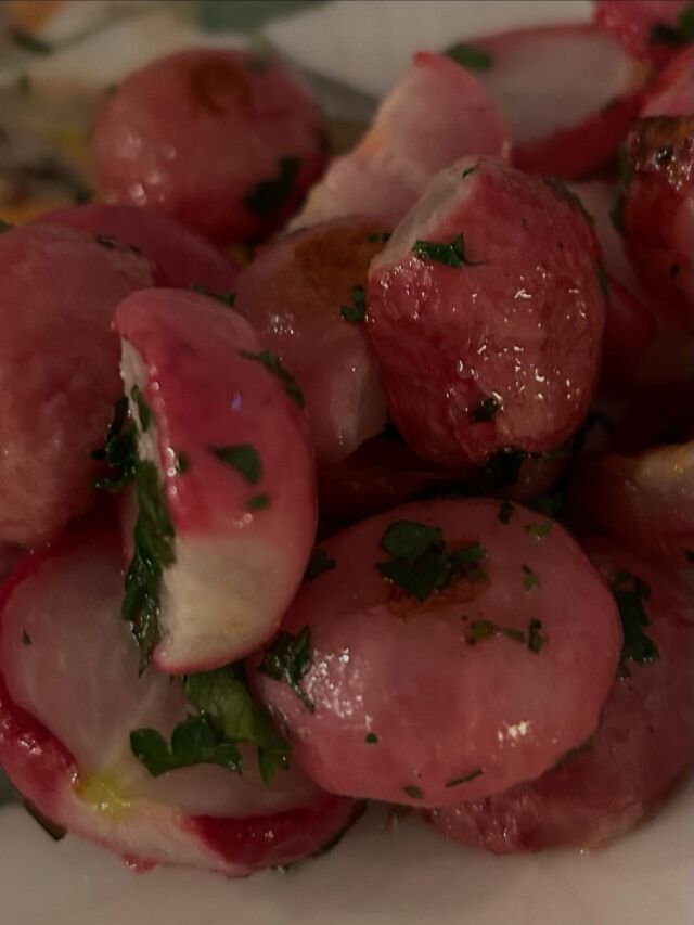 Three things I never liked until I had them fresh from a garden: radishes, tarragon and parsley. Here they are on my dinner plate!  Oven roasted radishes tossed in butter and fresh herbs. To die for! #radishharvest #frommygarden #radishrecipes #urbangarden #springharvest #awomancooks
